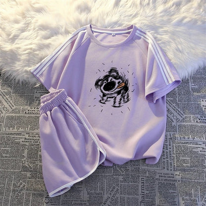 American sportswear suit for women 2025 summer fashion student three-bar short-sleeved casual shorts two-piece suit national trend