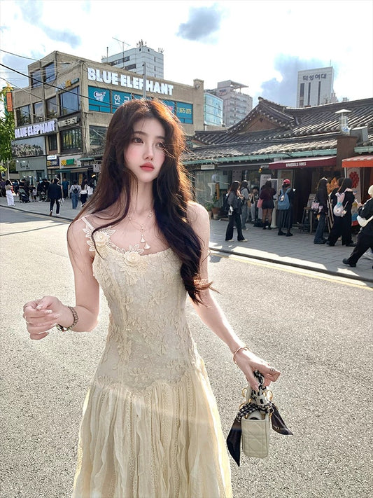 Acaine Apricot Long Fitted Waist Spaghetti Strap Dress for Women, Winter French Retro Style Heavy-Duty Dress
