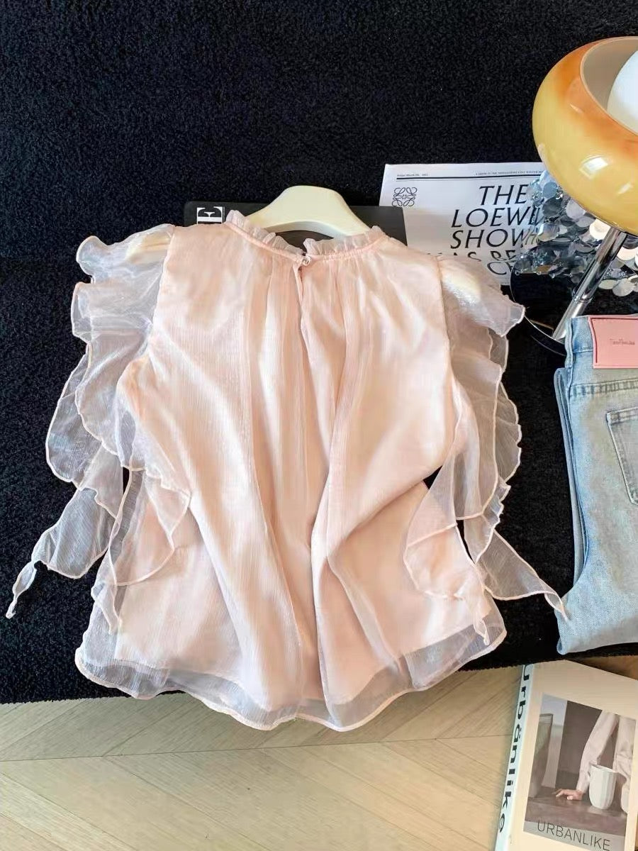 Guangzhou Shisanhang Women's Fashion – Short-Sleeve Chiffon Blouse with a Stylish Stand Collar – Soft Summer Top with Asymmetrical Ruffles