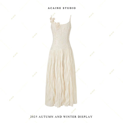 Acaine Apricot Long Fitted Waist Spaghetti Strap Dress for Women, Winter French Retro Style Heavy-Duty Dress