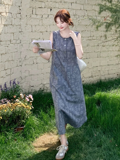 Lazy style retro printed ruffled sleeveless denim dress for women 2025 summer commuting daily comfortable vest dress