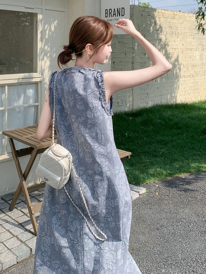 Lazy style retro printed ruffled sleeveless denim dress for women 2025 summer commuting daily comfortable vest dress