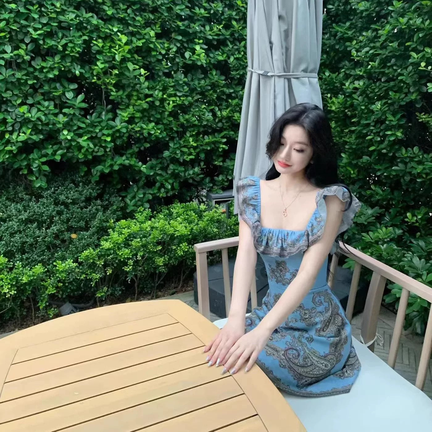 CHENBAIYI Reverse Clock Cotton Linen Retro Print Square Neck Small Flutter Sleeve Off-Shoulder Dress