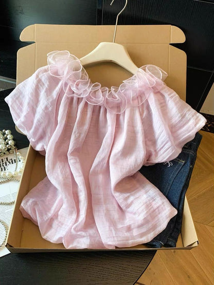 Guangzhou Shisanhang Women's Fashion – Short-Sleeve Chiffon Blouse with 3D Lace Flowers – Stylish Off-Shoulder Summer Top with a Youthful Look