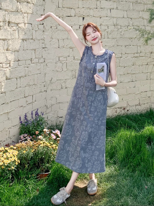 Lazy style retro printed ruffled sleeveless denim dress for women 2025 summer commuting daily comfortable vest dress