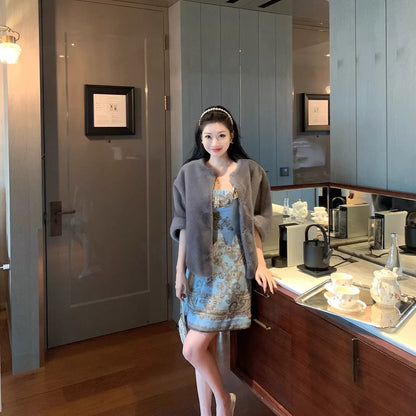 CHENBAIYI Reverse Clock Cotton Linen Retro Print Square Neck Small Flutter Sleeve Off-Shoulder Dress