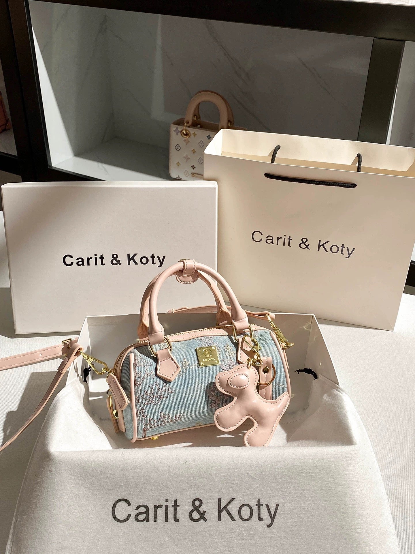 Carit Koty New Chinese Style Denim Embroidered Boston Bag for Women, 2025 Autumn/Winter New High-End Pillow Bag