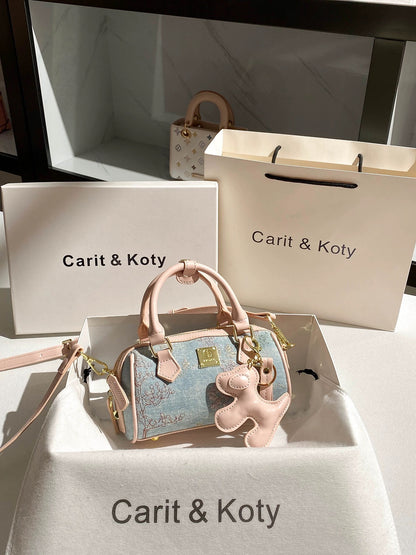 Carit Koty New Chinese Style Denim Embroidered Boston Bag for Women, 2025 Autumn/Winter New High-End Pillow Bag