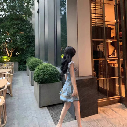 CHENBAIYI Reverse Clock Cotton Linen Retro Print Square Neck Small Flutter Sleeve Off-Shoulder Dress