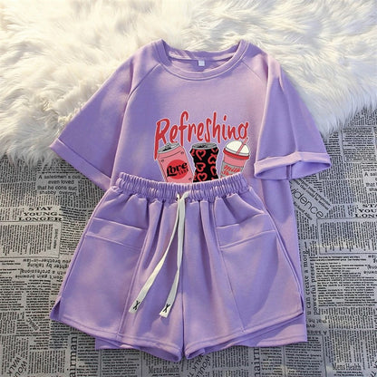Short-sleeved shorts casual two-piece suit for women 2025 summer new Internet celebrity fashion Korean running sportswear loose