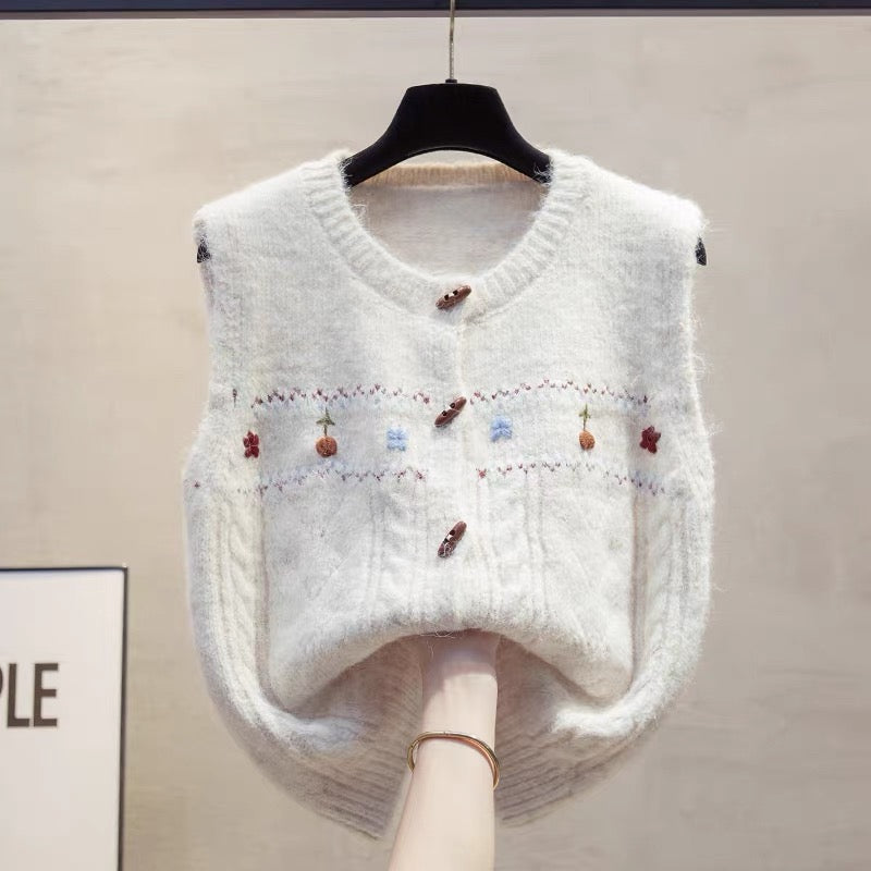 Hand-embroidered cardigan round neck knitted vest vest women 2025 autumn and winter new style outer wear vest sweater waistcoat trend