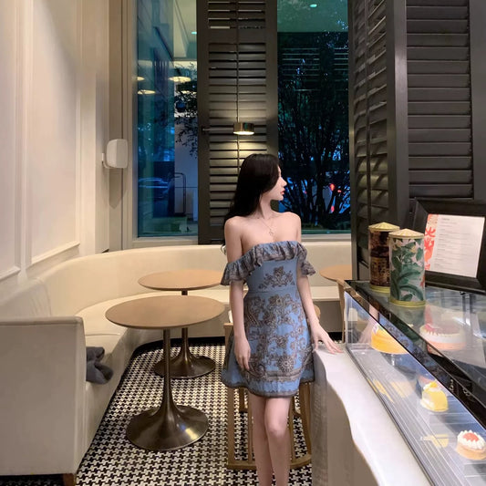CHENBAIYI Reverse Clock Cotton Linen Retro Print Square Neck Small Flutter Sleeve Off-Shoulder Dress