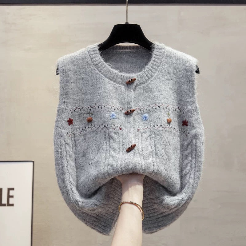Hand-embroidered cardigan round neck knitted vest vest women 2025 autumn and winter new style outer wear vest sweater waistcoat trend