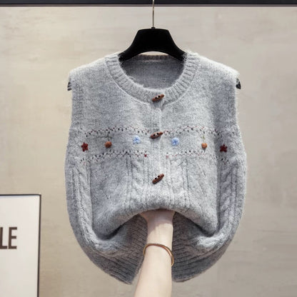 Hand-embroidered cardigan round neck knitted vest vest women 2025 autumn and winter new style outer wear vest sweater waistcoat trend