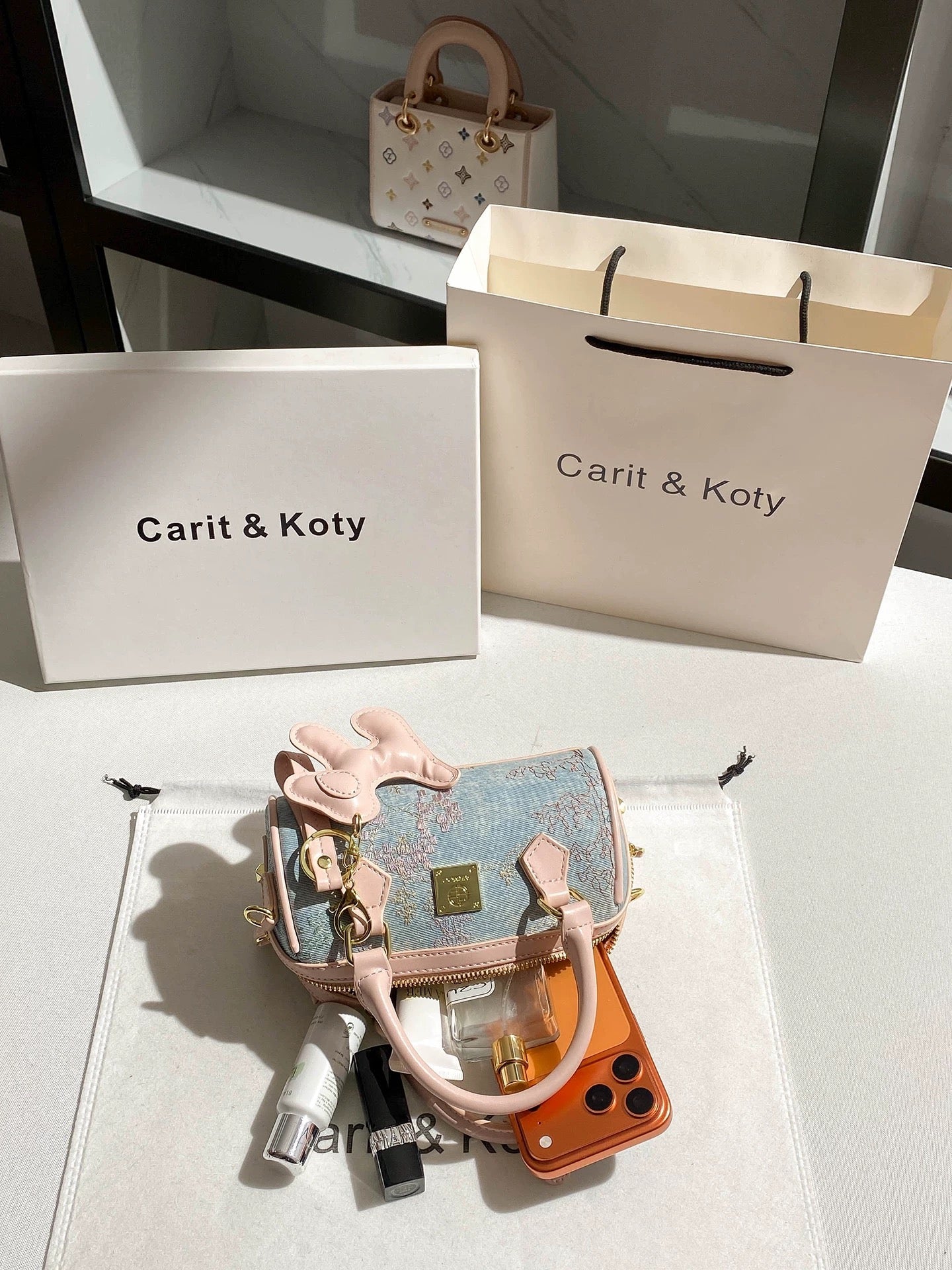 Carit Koty New Chinese Style Denim Embroidered Boston Bag for Women, 2025 Autumn/Winter New High-End Pillow Bag