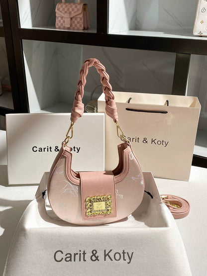 Carit Koty French Embroidered Crescent Moon Underarm Bag for Women, 2025 Autumn/Winter New High-End Woven Underarm Bag
