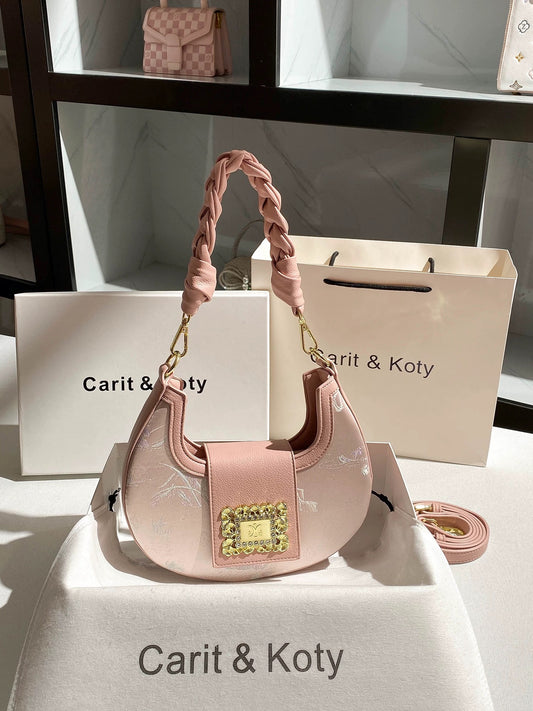 Carit Koty French Embroidered Crescent Moon Underarm Bag for Women, 2025 Autumn/Winter New High-End Woven Underarm Bag