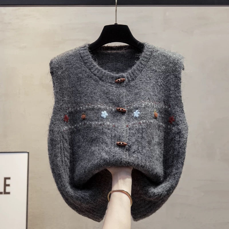 Hand-embroidered cardigan round neck knitted vest vest women 2025 autumn and winter new style outer wear vest sweater waistcoat trend