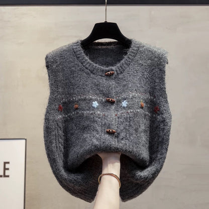 Hand-embroidered cardigan round neck knitted vest vest women 2025 autumn and winter new style outer wear vest sweater waistcoat trend