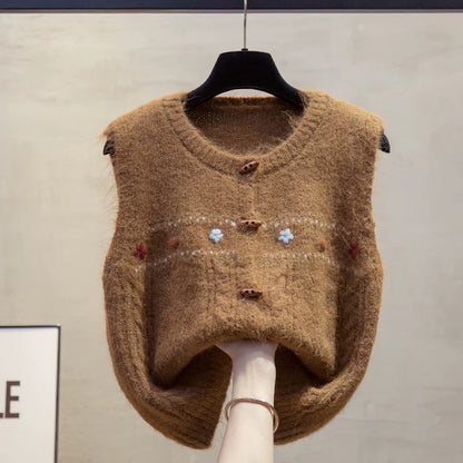 Hand-embroidered cardigan round neck knitted vest vest women 2025 autumn and winter new style outer wear vest sweater waistcoat trend