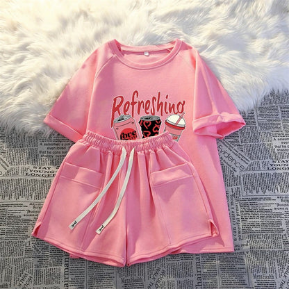 Short-sleeved shorts casual two-piece suit for women 2025 summer new Internet celebrity fashion Korean running sportswear loose
