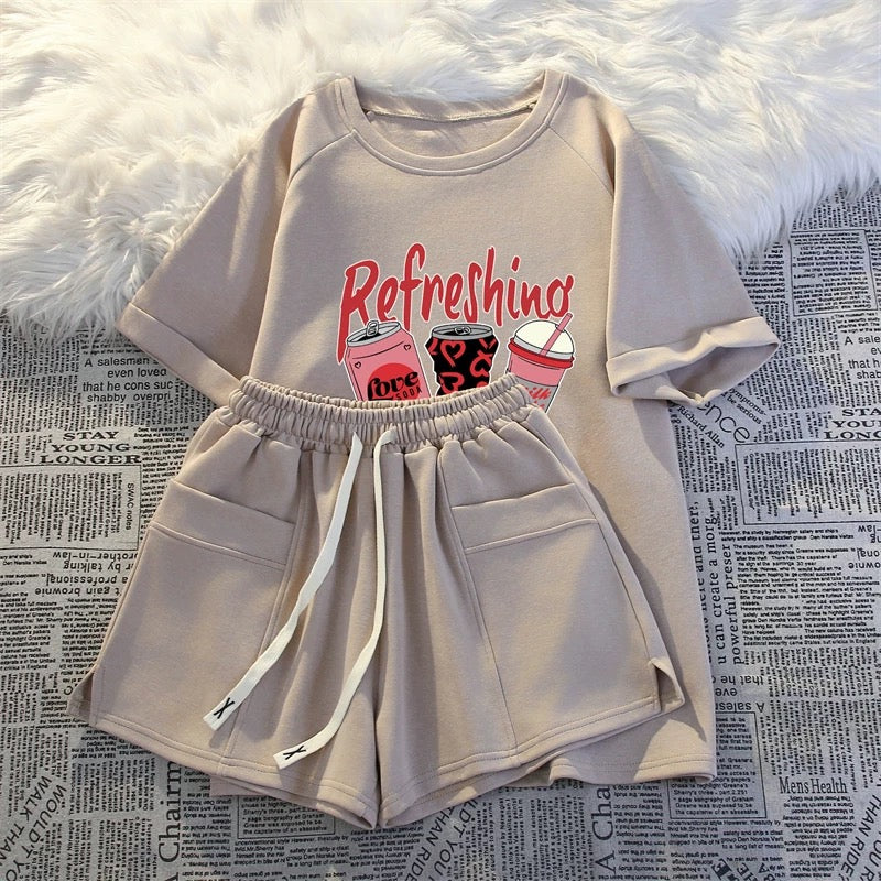 Short-sleeved shorts casual two-piece suit for women 2025 summer new Internet celebrity fashion Korean running sportswear loose
