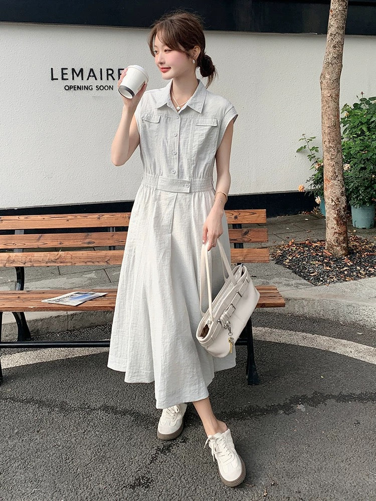 Cold and artistic temperament high waist big swing dress for women 2025 summer light gray shirt collar waist slim long dress