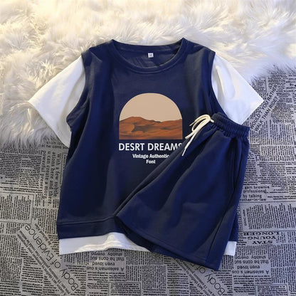 Casual sports suit for women in summer, salty style, small student fake two-piece, fashionable outerwear, running suit, short-sleeved shorts