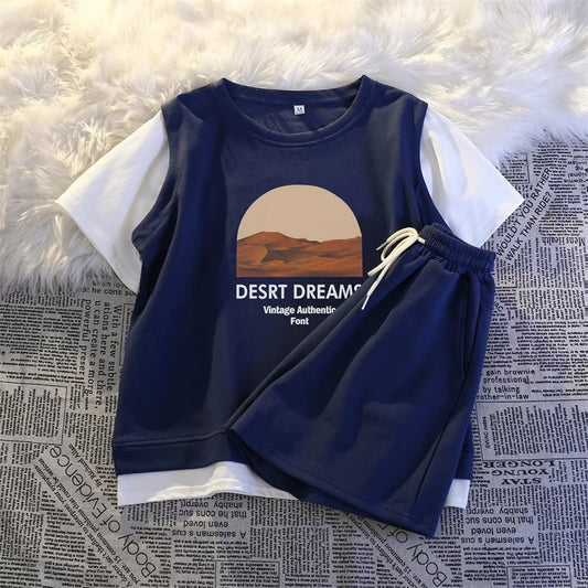 Casual sports suit for women in summer, salty style, small student fake two-piece, fashionable outerwear, running suit, short-sleeved shorts