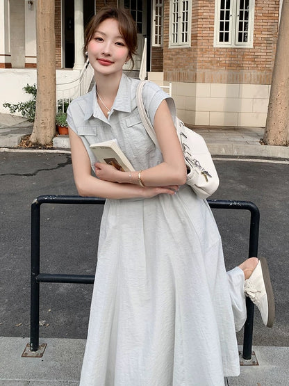 Cold and artistic temperament high waist big swing dress for women 2025 summer light gray shirt collar waist slim long dress