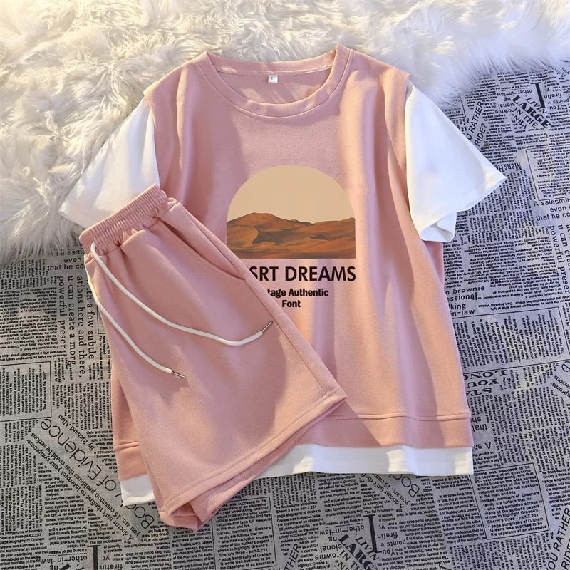 Casual sports suit for women in summer, salty style, small student fake two-piece, fashionable outerwear, running suit, short-sleeved shorts