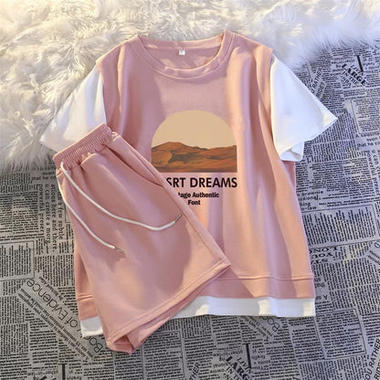 Casual sports suit for women in summer, salty style, small student fake two-piece, fashionable outerwear, running suit, short-sleeved shorts