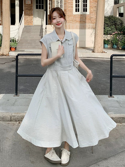 Cold and artistic temperament high waist big swing dress for women 2025 summer light gray shirt collar waist slim long dress