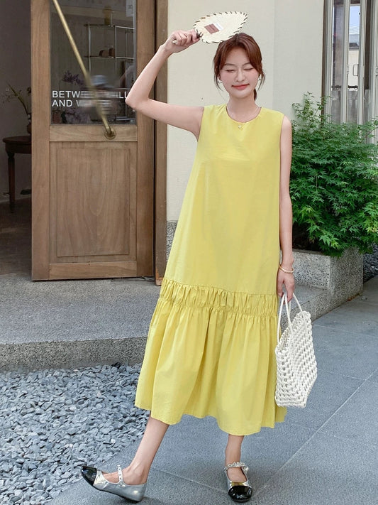 French simple hem pleated design sleeveless vest long skirt female 2025 summer new medium-length dress trend