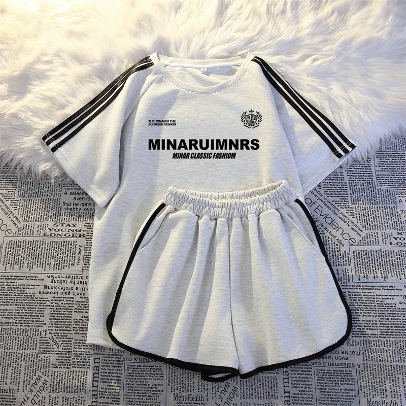 2025 new summer thin sportswear two-piece suit for women loose casual student running short-sleeved shorts national trend