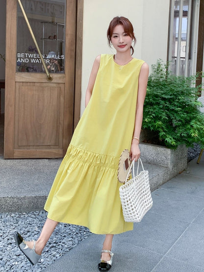French simple hem pleated design sleeveless vest long skirt female 2025 summer new medium-length dress trend