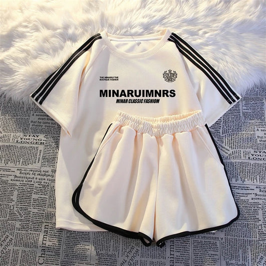 2025 new summer thin sportswear two-piece suit for women loose casual student running short-sleeved shorts national trend
