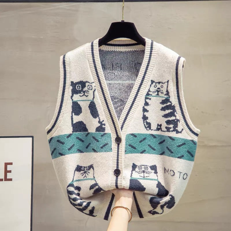 V-neck knitted cardigan vest vest women 2025 autumn and winter new vest outer wear outer sweater waistcoat trend