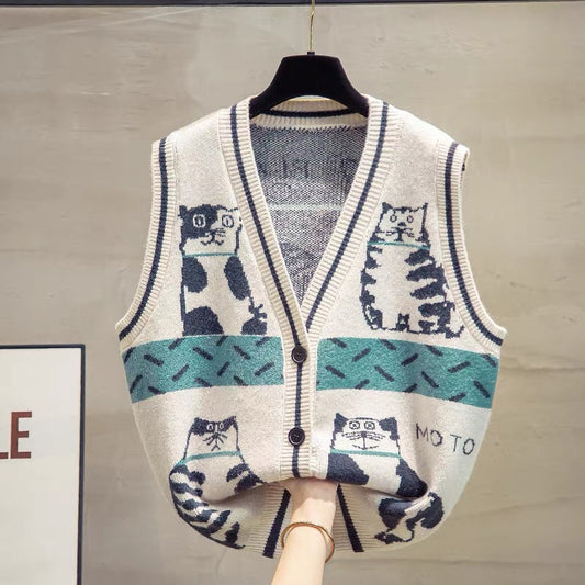 V-neck knitted cardigan vest vest women 2025 autumn and winter new vest outer wear outer sweater waistcoat trend