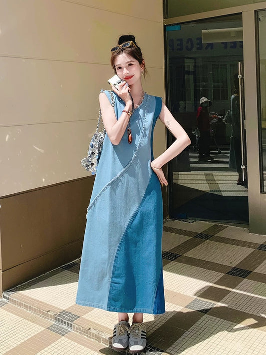 Casual contrast color sleeveless denim vest dress for women 2025 summer new design niche temperament long skirt