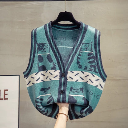 V-neck knitted cardigan vest vest women 2025 autumn and winter new vest outer wear outer sweater waistcoat trend