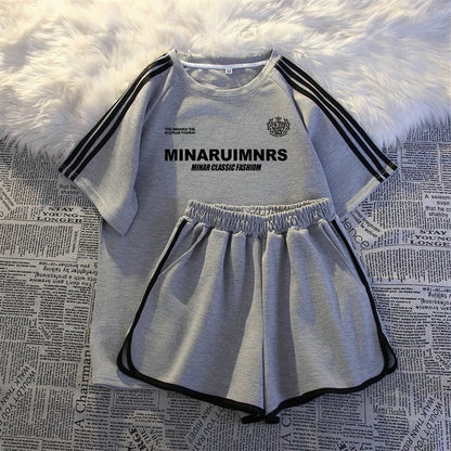 2025 new summer thin sportswear two-piece suit for women loose casual student running short-sleeved shorts national trend