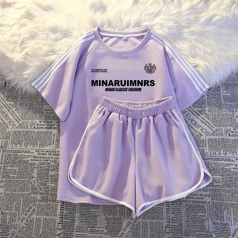 2025 new summer thin sportswear two-piece suit for women loose casual student running short-sleeved shorts national trend