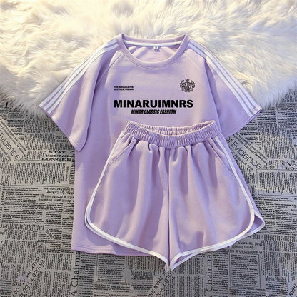 2025 new summer thin sportswear two-piece suit for women loose casual student running short-sleeved shorts national trend