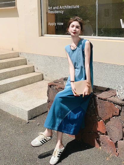 Casual contrast color sleeveless denim vest dress for women 2025 summer new design niche temperament long skirt