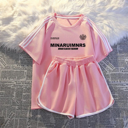2025 new summer thin sportswear two-piece suit for women loose casual student running short-sleeved shorts national trend