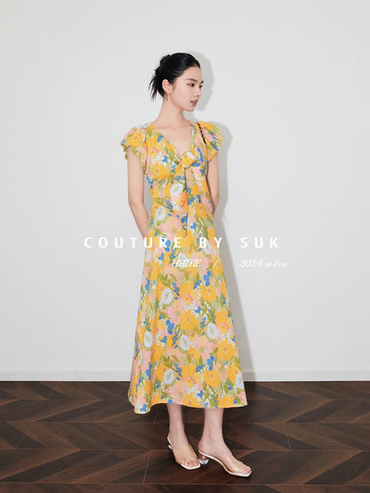 SUK Clear skies in midsummer! Abstract printed lyocell cotton bow-embellished short-sleeved long dress