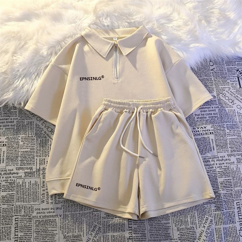 2025 new summer thin sportswear two-piece suit for women loose casual student running short-sleeved shorts national trend