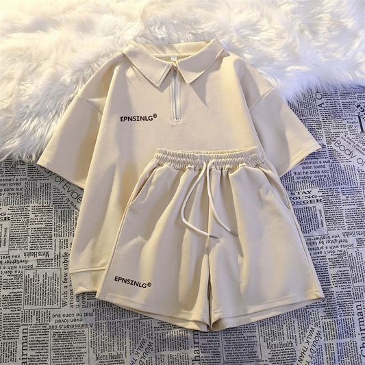 2025 new summer thin sportswear two-piece suit for women loose casual student running short-sleeved shorts national trend