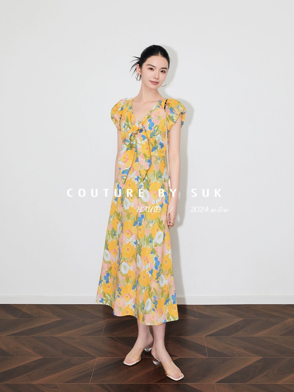 SUK Clear skies in midsummer! Abstract printed lyocell cotton bow-embellished short-sleeved long dress